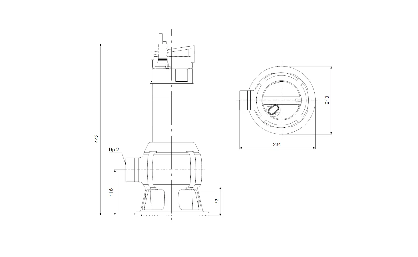 Tauchmotorpumpe von Grundfos mit vertikalem Design und Anschlüssen, geeignet für Schmutzwasser. Maße und Details sind im technischen Zeichnungsformat dargestellt.