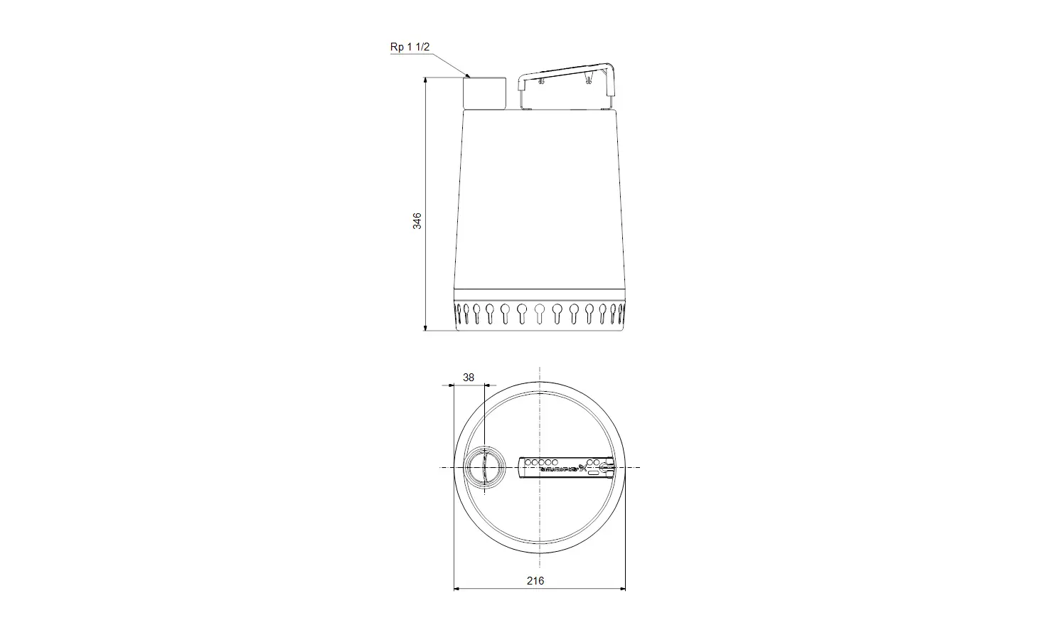 Vertikale Edelstahl-Tauchmotorpumpe von Grundfos mit Kühlmantel. Technische Zeichnung zeigt Maße und Anschlussdetails.