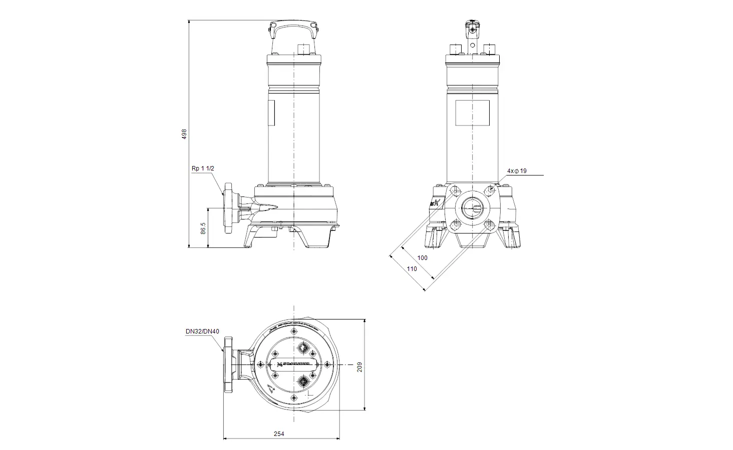 Tauchmotorpumpe von Grundfos mit einem robusten Design. Gezeigt werden unterschiedliche Ansichten mit detaillierten Abmessungen und Anschlussmöglichkeiten.