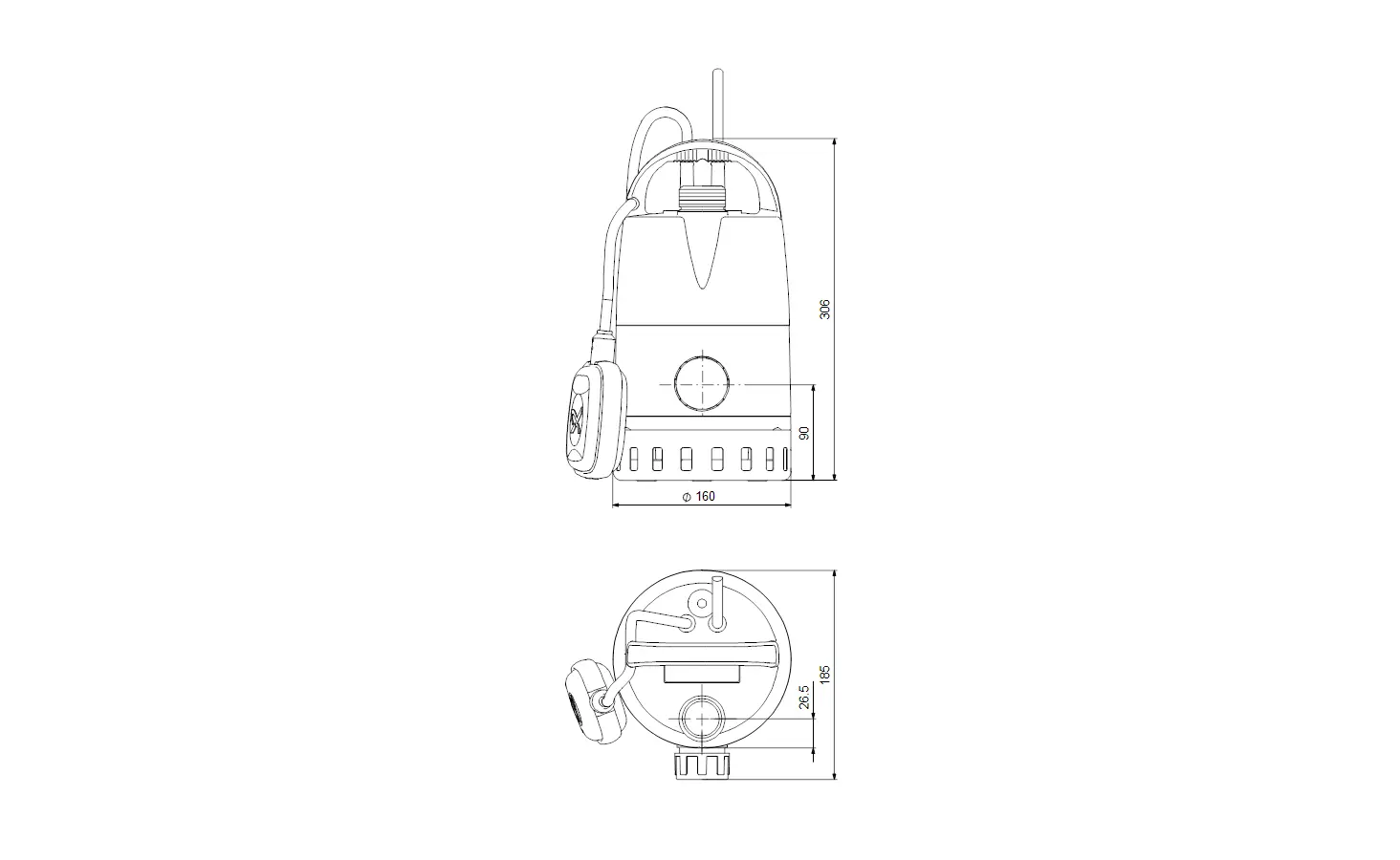 Tauchmotorpumpe von Grundfos mit einem kompakten Design. Abgebildet in Front- und Draufsicht, zeigt die Pumpe Anschlüsse und Maße zur Installation.