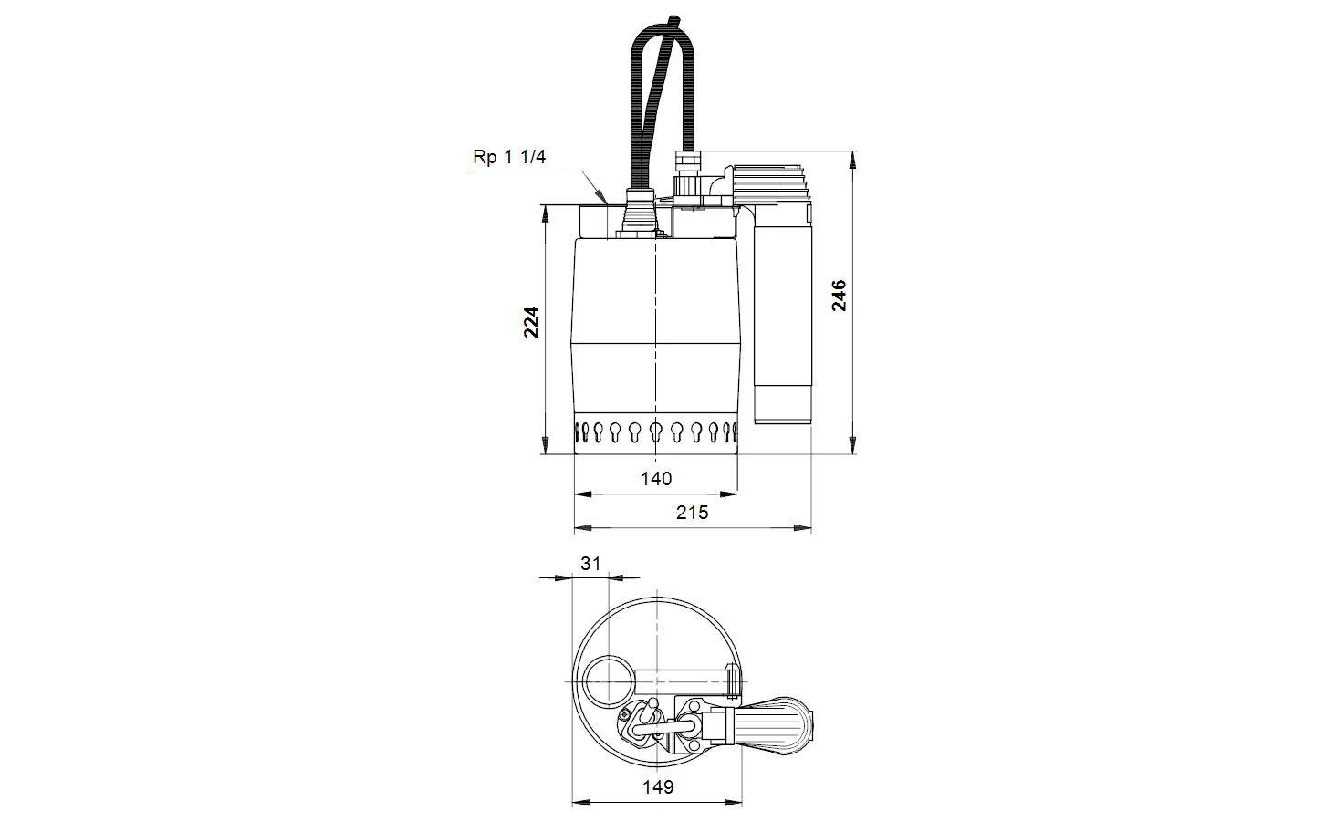 Tauchmotorpumpe von Grundfos mit vertikaler Bauform, Anschlussleitungen und sichtbaren Maßen. Zeichnung zeigt Front- und Seitenansicht des Geräts.
