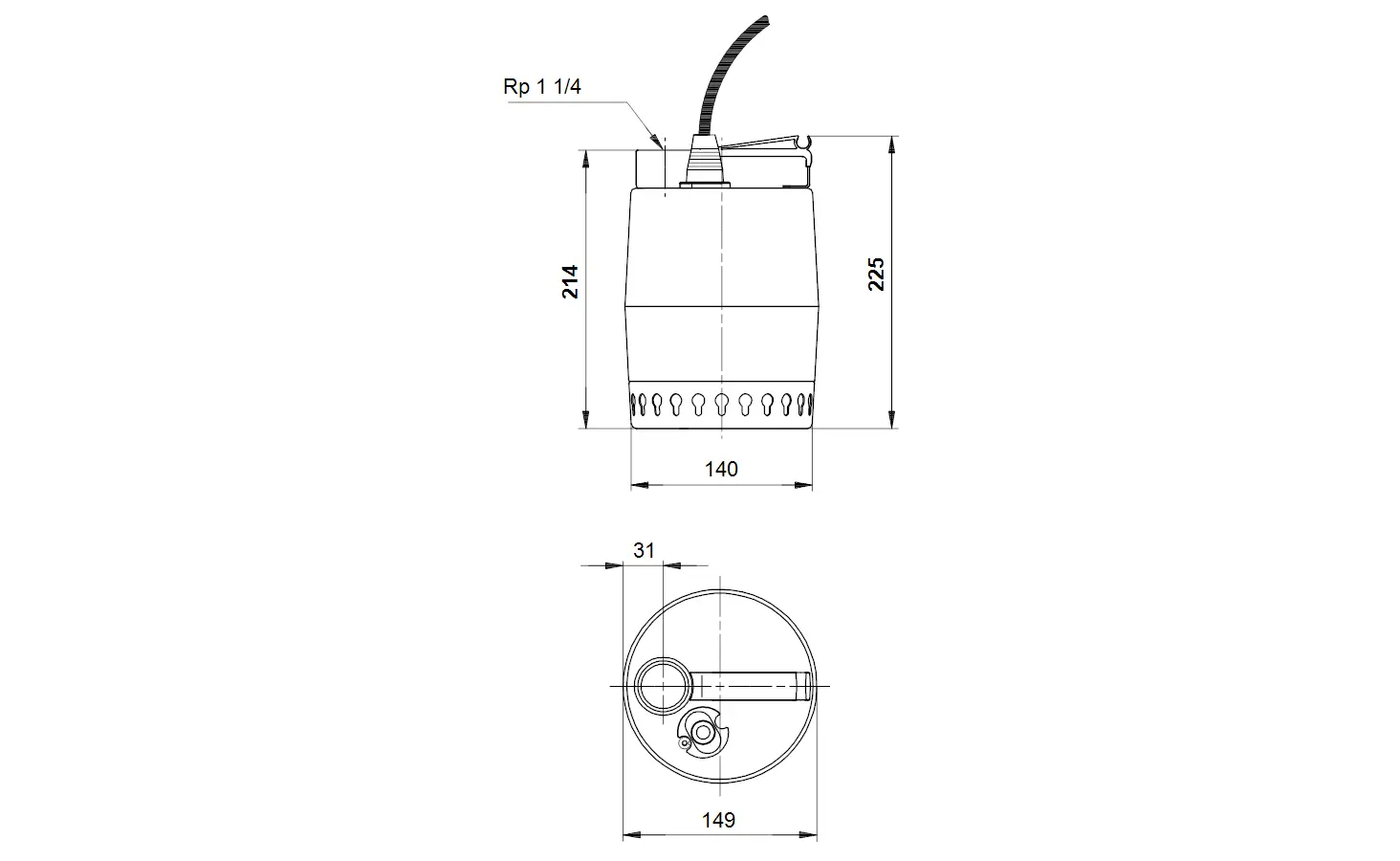Weißer zylindrischer Pumpenkörper von Grundfos mit Anschluss für einen Schwimmerschalter. Sichtbare Maße und Anschlussdetails sind in der technischen Zeichnung dargestellt.
