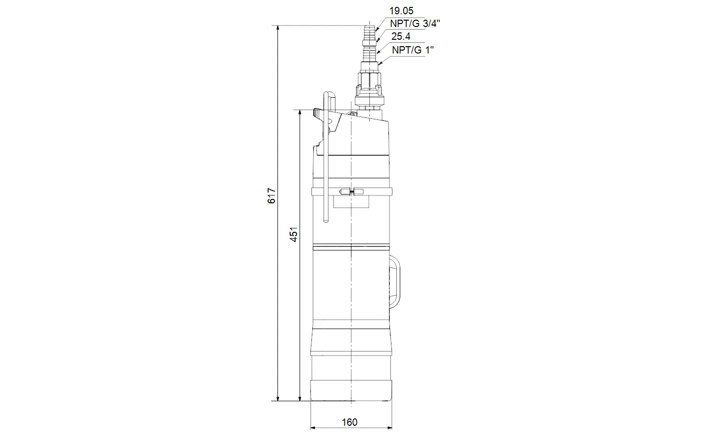 Grundfos Unterwasserpumpe mit einem vertikalen Design und Anschlussdetails. Technische Maße sind im Diagramm dargestellt, einschließlich Gewindeangaben.