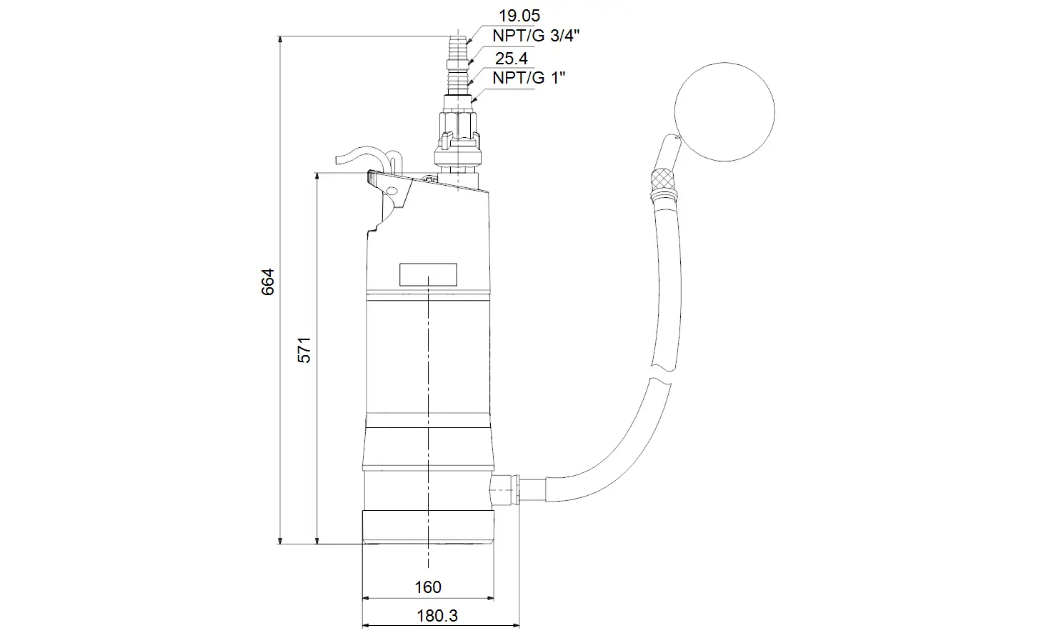 Vertikale Grundfos-Unterwasserpumpe mit einer detaillierten Abbildung, die Abmessungen und Anschlüsse für eine effektive Installation zeigt.