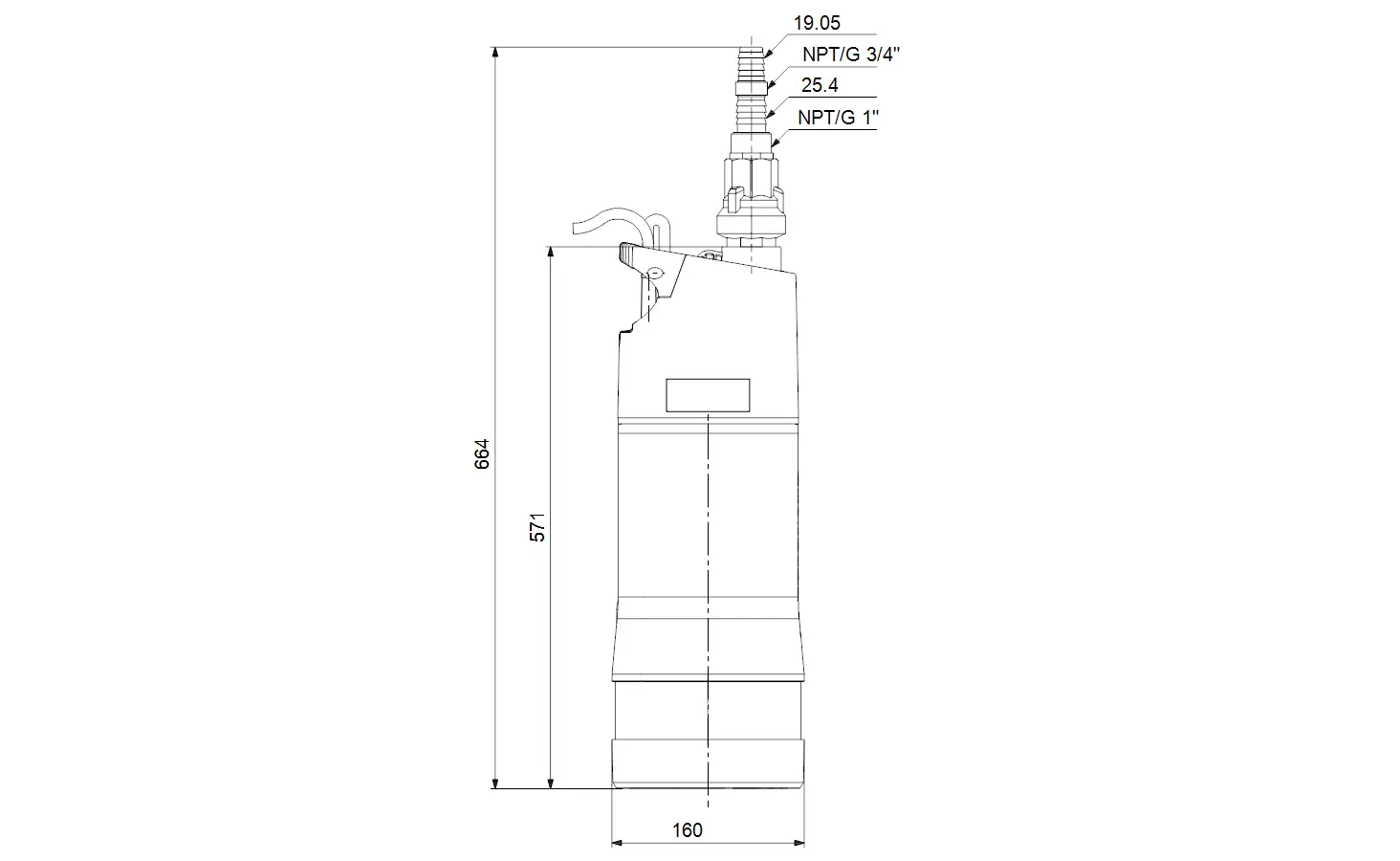 Grundfos-Unterwasserpumpe mit einem Anschluss oben und einem Auslass, charakterisiert durch einen kompakten Aufbau und verschiedene NPT-Gewindegrößen.