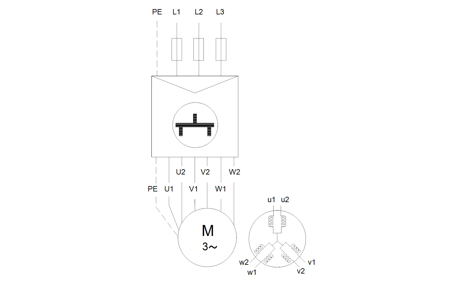 Dreiphasige elektrische Anschlüsse für eine Pumpe, mit Darstellung der Phasen L1, L2, L3 und der Motoranschlüsse U1, V1, W1 sowie U2, V2, W2. Logo von Grundfos im Bild.