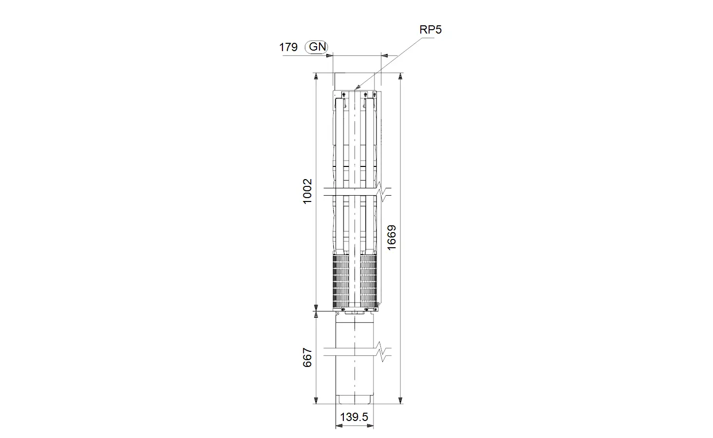 Grundfos Unterwasserpumpe mit einem vertikalen Design, verschiedenen Abmessungen und strukturierten Komponenten, abgebildet in technischer Darstellung.