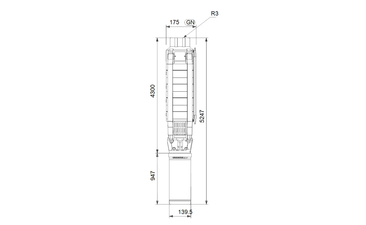 Technische Zeichnung einer Unterwasserpumpe von Grundfos mit schematischer Darstellung, Maßangaben und spezifischen Details zur Konstruktion und Dimensionierung.