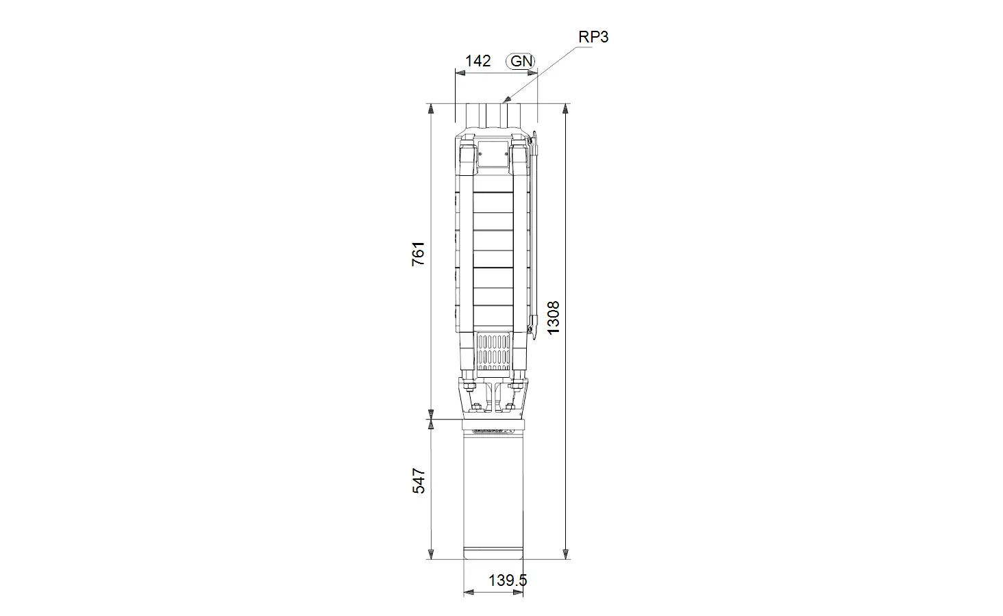 Vertikale Unterwasserpumpe von Grundfos mit einem zylindrischen Design und sichtbaren technischen Komponenten. Abmessungen sind im Diagramm angegeben.