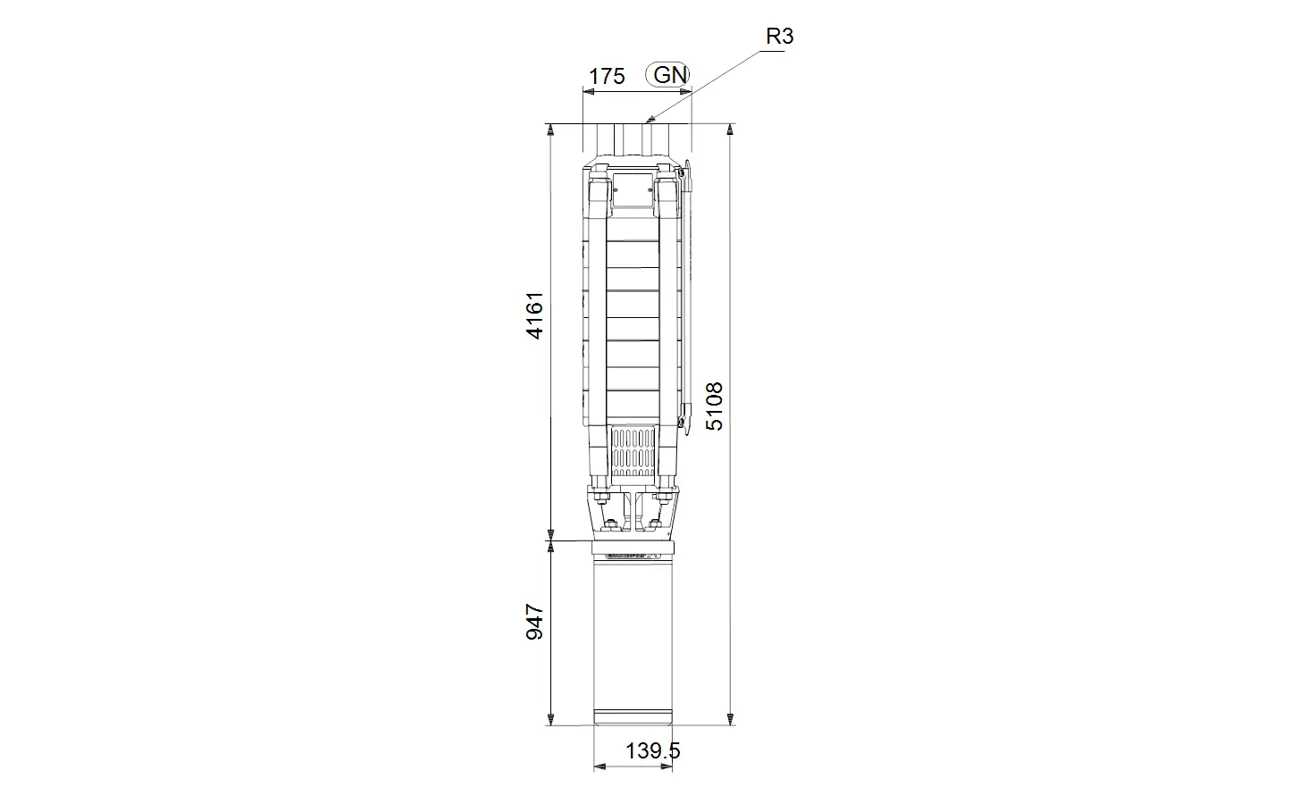 Vertikale Unterwasserpumpe von Grundfos mit Gehäuse, sichtbaren Bauteilen und Maßlinien zur Produktbeschreibung.