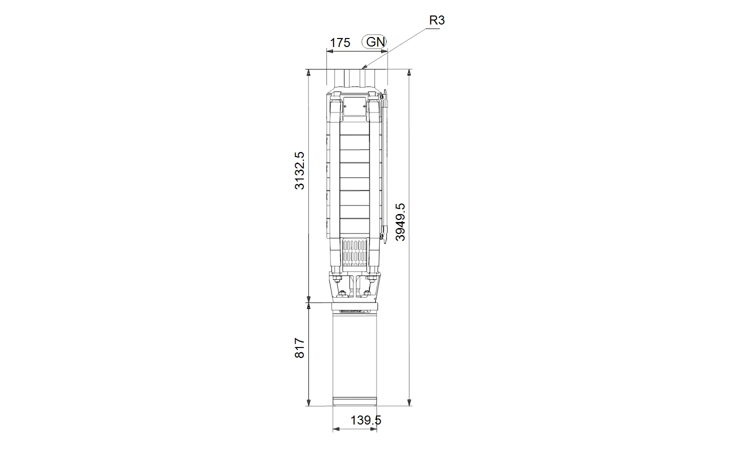 Vertikale Unterwasserpumpe von Grundfos mit einem langen, schlanken Design und verschiedenen Anschlussmaßen, dargestellt in einer technischen Zeichnung.