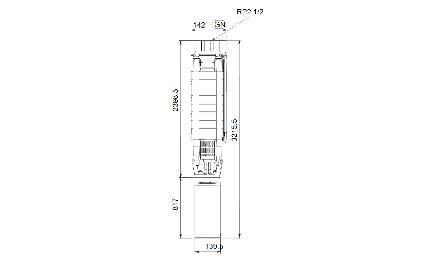 Vertikale Unterwasserpumpe von Grundfos, mit klaren Linien und technischen Details, dargestellt in Seitenansicht. Maße und Anschlüsse sind sichtbar.