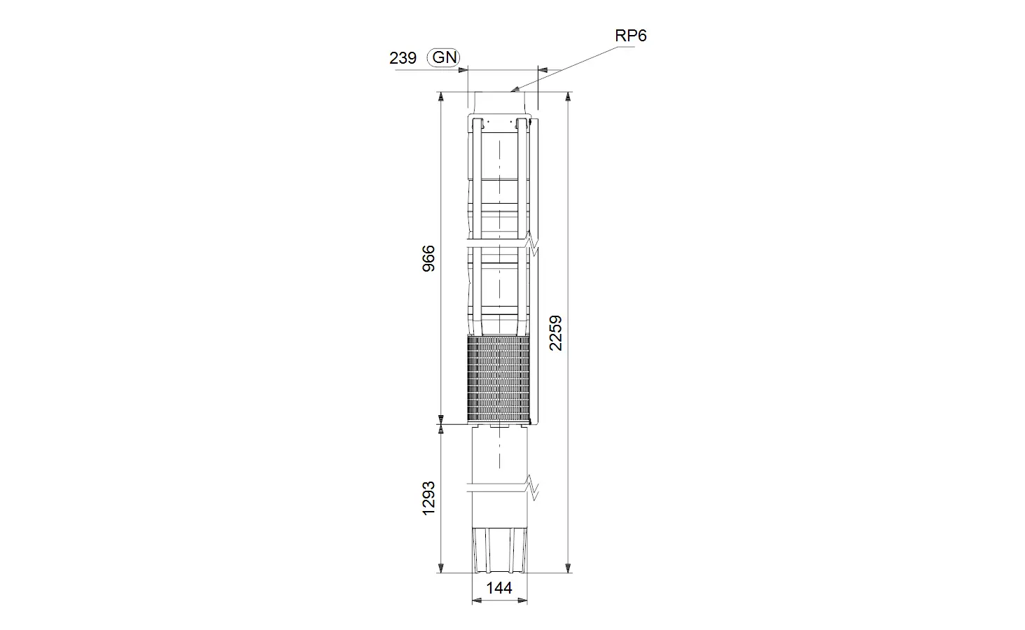 Vertikale Unterwasserpumpe von Grundfos mit einem schlanken Design und klaren Abmessungen, dargestellt in technischen Zeichnungen mit Maßangaben.