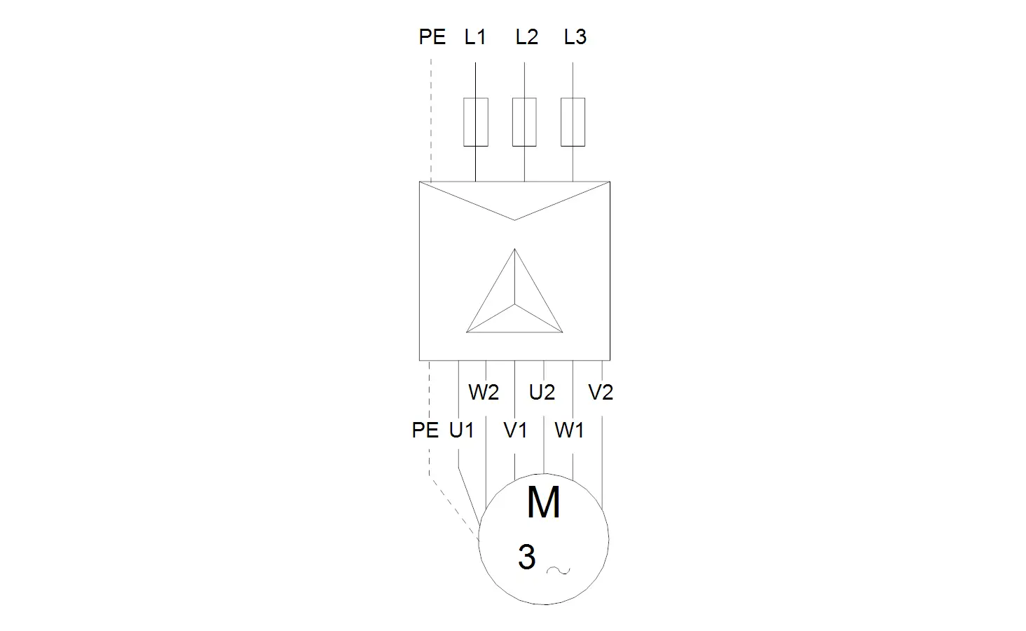 Schematische Darstellung einer Grundfos Brunnenpumpe mit drei Phasenanschlüssen (L1, L2, L3) und Motorverbindungen (U1, U2, V1, V2, W1, W2).