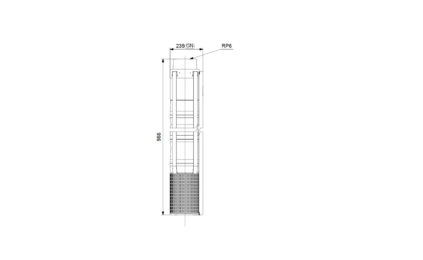 Schnittzeichnung einer Wasserpumpe von Grundfos, zeigt die vertikale Ansicht und Dimensionen des Geräts ohne spezifische Maßangaben.