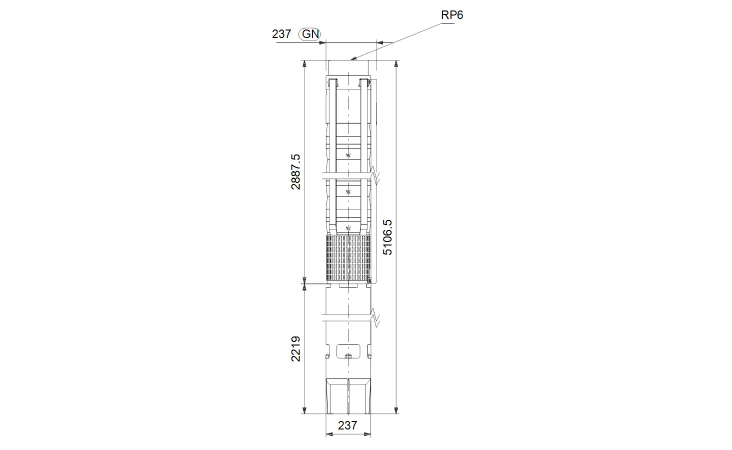Vertikale Unterwasserpumpe von Grundfos mit einem klaren technischen Design, detaillierten Abmessungen und einer schematischen Darstellung der Komponenten.