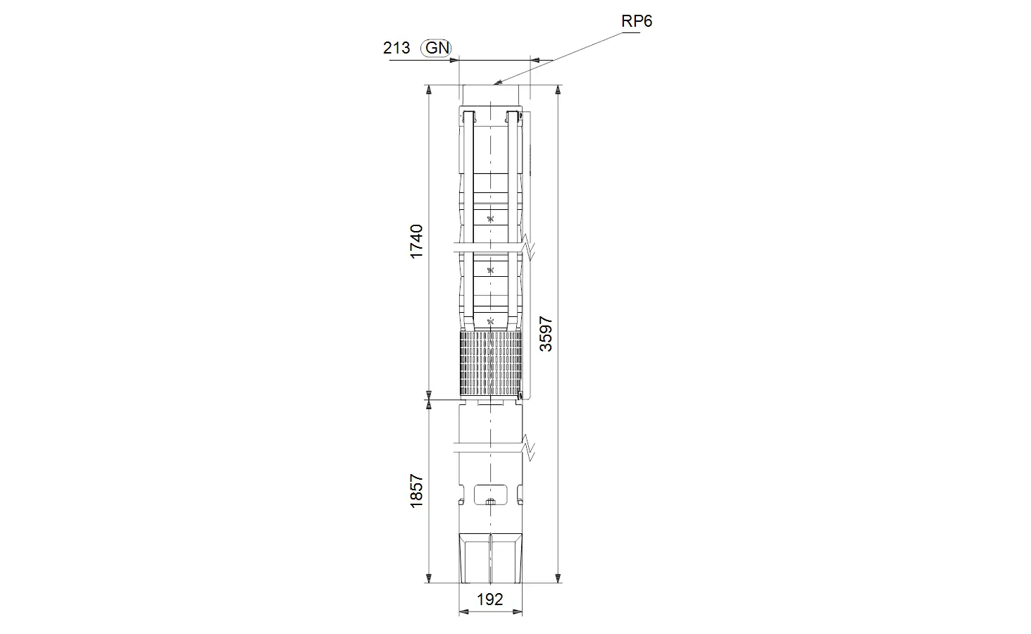 Vertikale Unterwasserpumpe von Grundfos, mit mehreren Ebenen, Montageschrauben und Steuerelementen. Maße und Details sind im technischen Zeichnungsformat dargestellt.