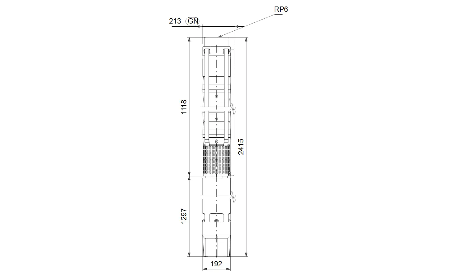 Vertikale Unterwasserpumpe der Marke Grundfos mit abgebildeten Maßen und Anschlussdetails. Skizze zeigt eine technische Zeichnung mit spezifischen Abmessungen.