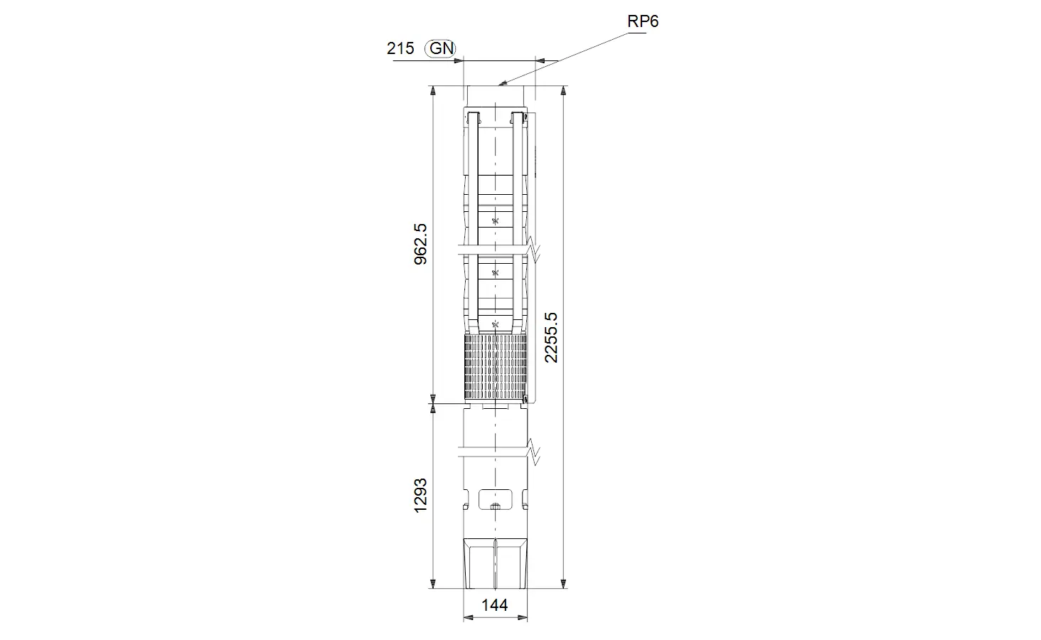 Diagramm einer Grundfos-Unterwasserpumpe mit detaillierten Maßen und Komponenten. Technische Zeichnung zeigt die strukturelle Anordnung und Dimensionen der Pumpe.