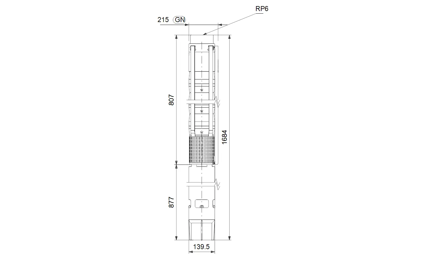 Technische Zeichnung einer Grundfos Unterwasserpumpe. Sichtbar sind Maße und Konstruktionsdetails. Klarheit durch Linienführung und Maßangaben im Bild.