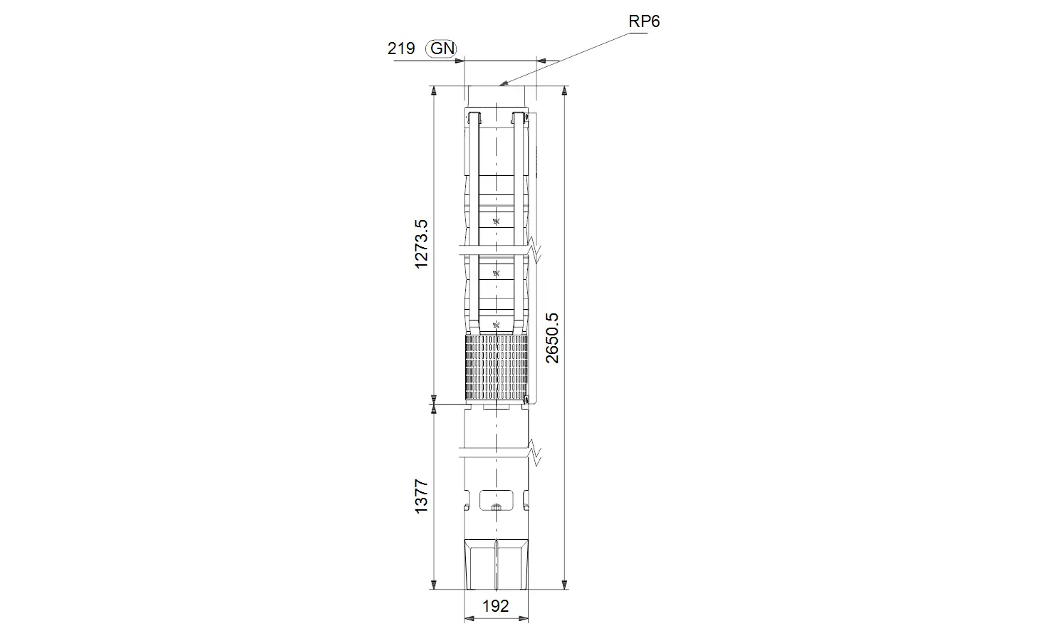 Vertikale Unterwasserpumpe von Grundfos mit einem schematischen technischen Zeichnungsdesign, das Maße und Zusammenbau zeigt.