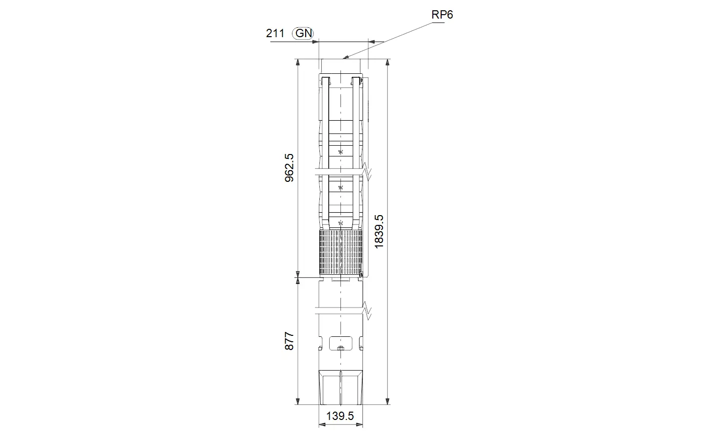Technisches Diagramm einer Unterwasserpumpe von Grundfos mit Maßen und Detailansichten, einschließlich Gehäuse und Anschlussdetails, dargestellt in Seitenansicht.
