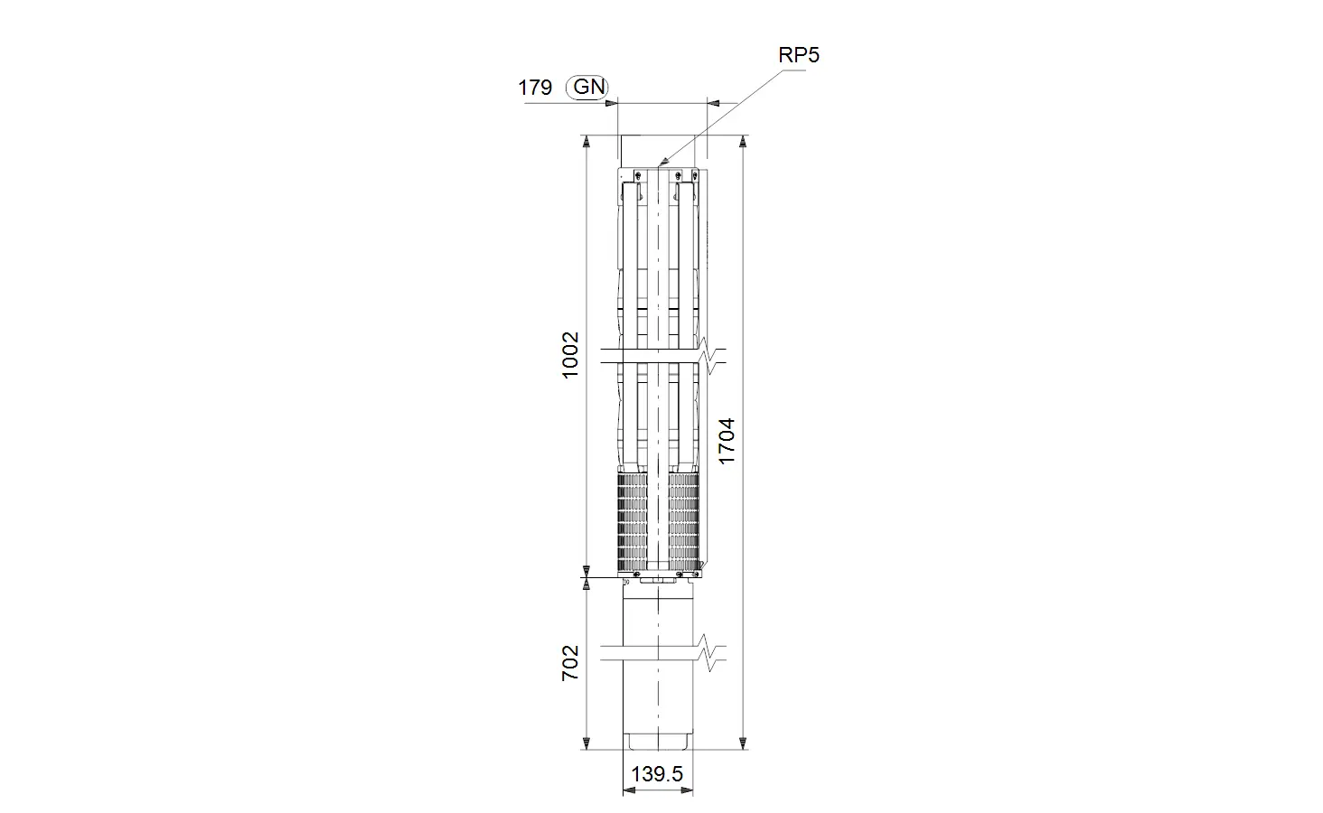 Vertikale Unterwasserpumpe von Grundfos mit mehreren Kammern. Diagramm zeigt Maße und Aufbau der Pumpe ohne spezifische Produktbezeichnung oder relevante Maße.