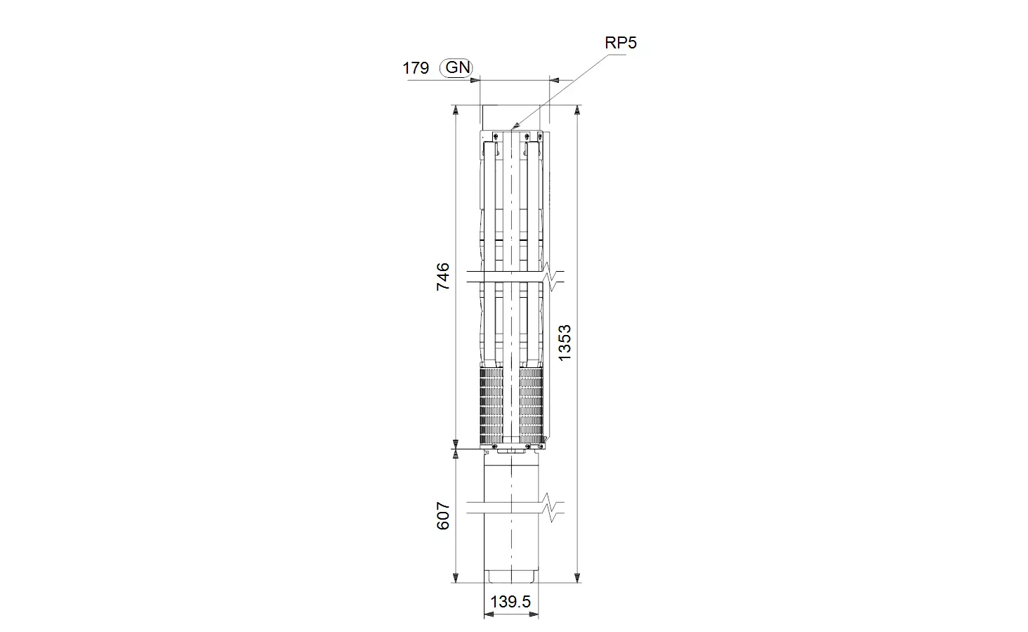 Technische Zeichnung einer Unterwasserpumpe von Grundfos, mit detaillierten Abmessungen und Angaben zum Design, dargestellt in Seitenansicht.