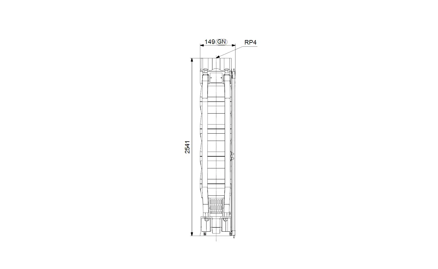Vertikale Unterwasserpumpe von Grundfos mit klaren Abmessungen und spezifischen technischen Details, in schematischer Darstellung.
