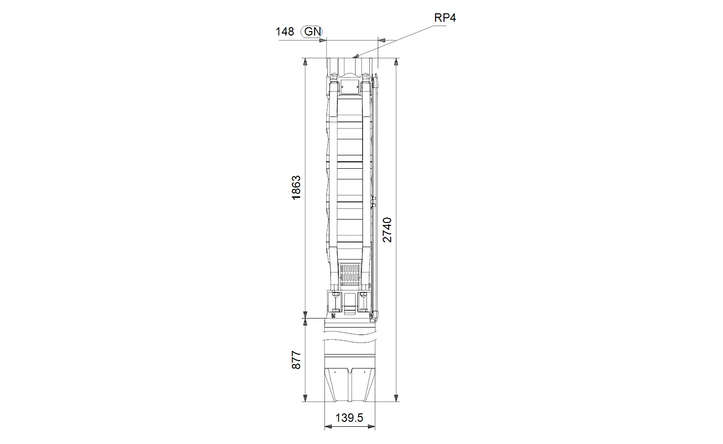 Vertikale Brunnenpumpe von Grundfos, dargestellt in technischer Zeichnung mit Dimensionen und Detailansichten. Maße und Montageanweisungen sind klar sichtbar.