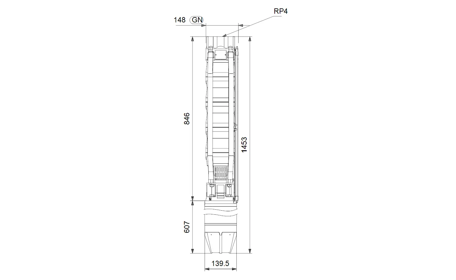 Vertikale Brunnenpumpe mit klaren Linien und Maßskizze, hergestellt von Grundfos. Das technische Design zeigt detaillierte Abmessungen und Anschlussmöglichkeiten.