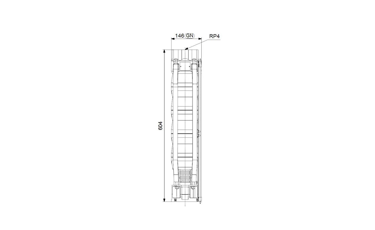 Einteiliges technisches Diagramm einer Grundfos-Unterwasserpumpe mit vertikaler Ansicht, einschließlich detaillierter Maße und Kennzeichnungen.