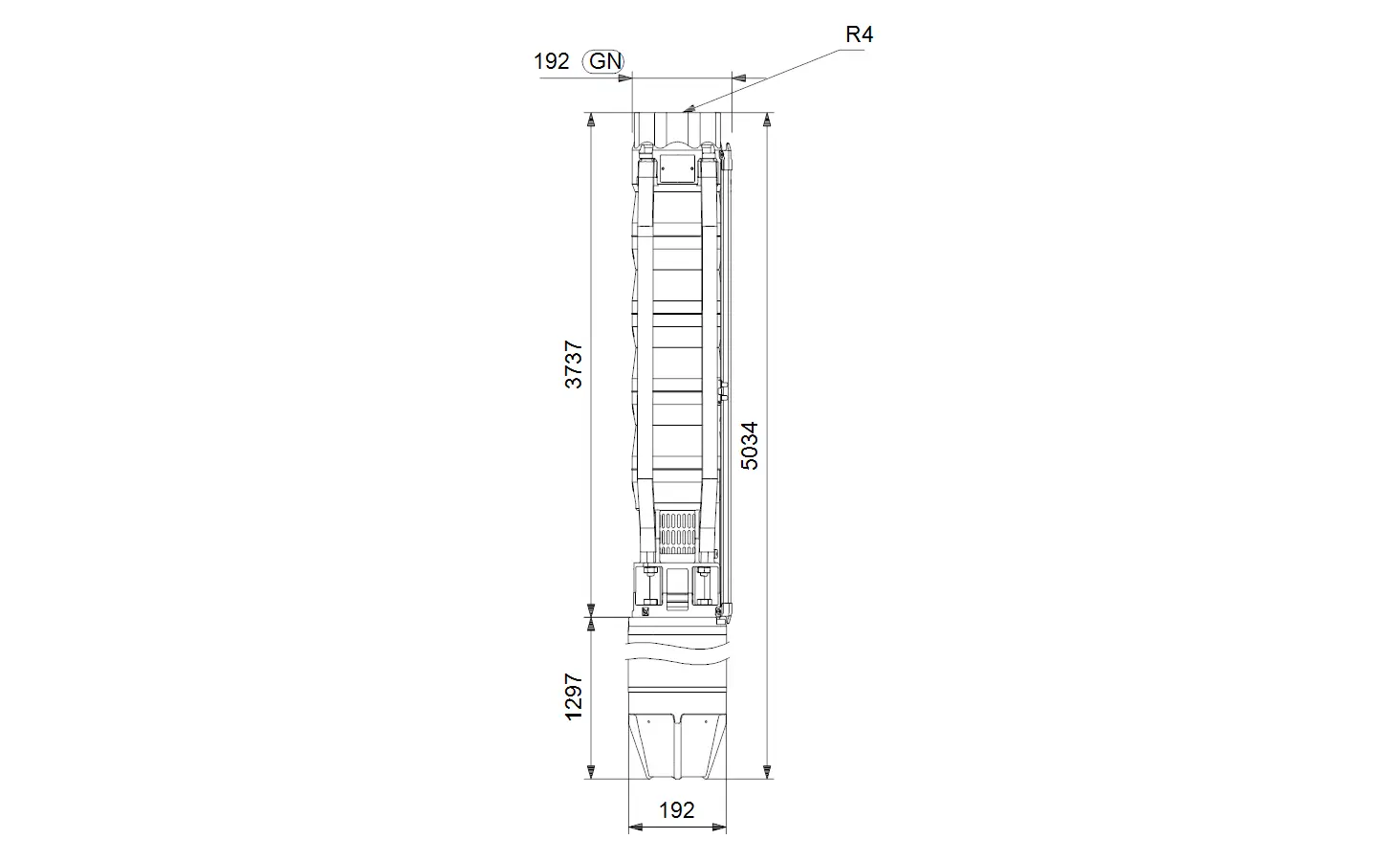 Vertikale Unterwasserpumpe von Grundfos mit erkennbarer Bauform und detaillierten Maßen. Das technische Design zeigt einen langen zylindrischen Körper mit Anschlüssen.
