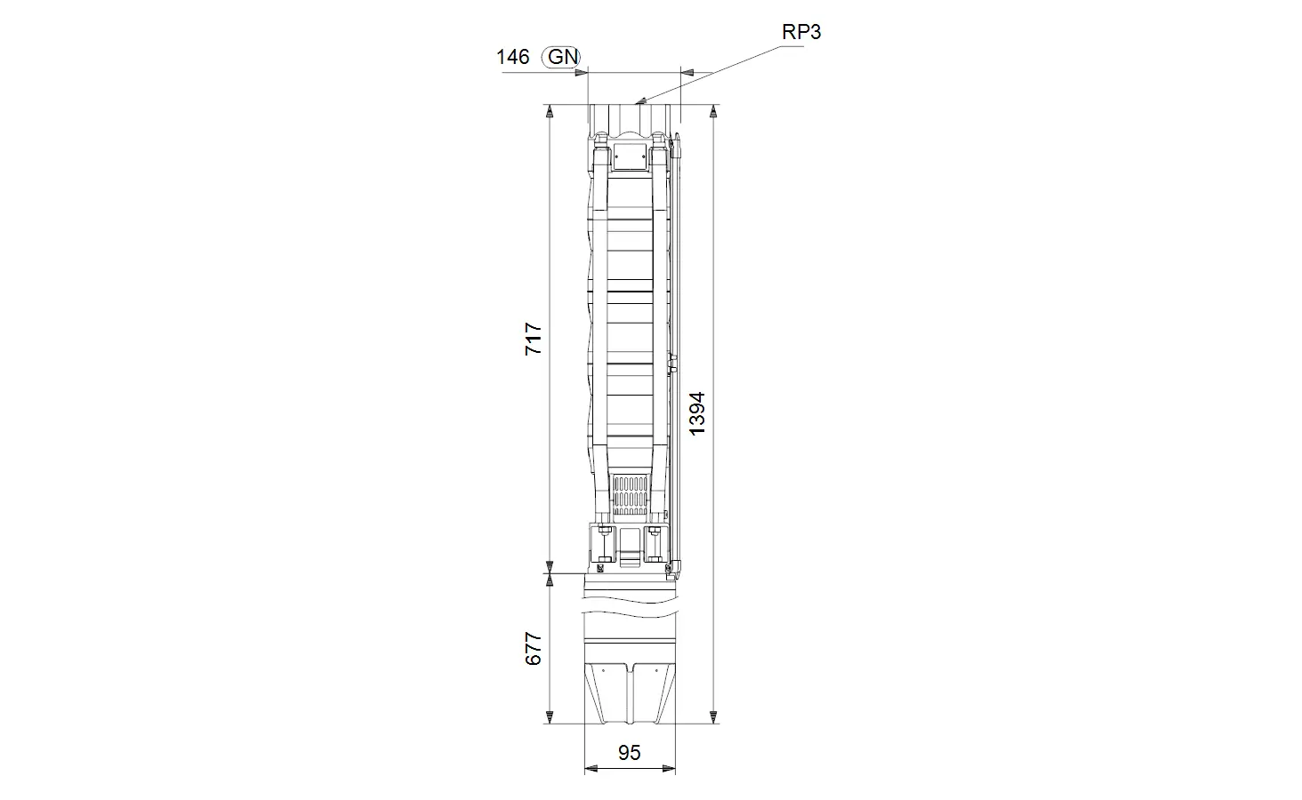 Vertikale Brunnenpumpe von Grundfos mit klaren Abmessungen und einer detaillierten technischen Zeichnung, die das Design und die Struktur zeigt.