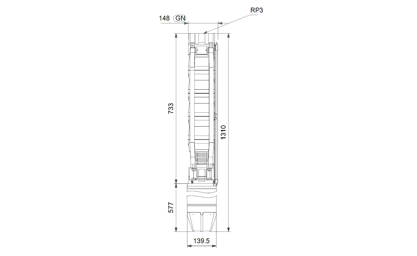 Vertikale Pumpenzeichnung mit technischen Maßen, abgebildet in Seitenansicht. Grundfos Brunnenpumpe mit klaren Konstruktionslinien und Dimensionen.