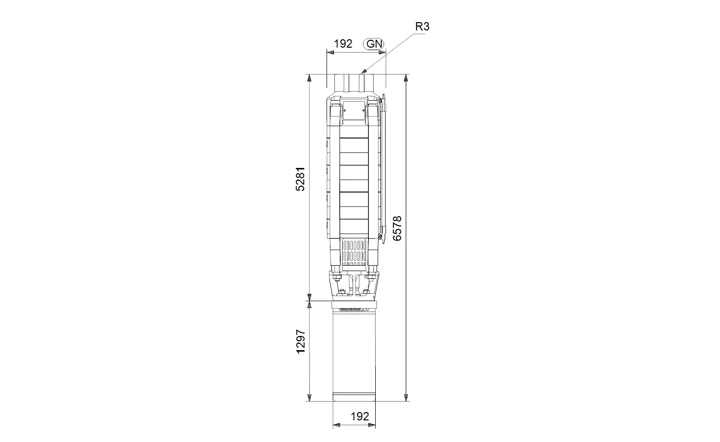 Vertikale Unterwasserpumpe der Marke Grundfos mit einer Länge und einem Durchmesser. Technische Details sind in der Zeichnung angegeben.