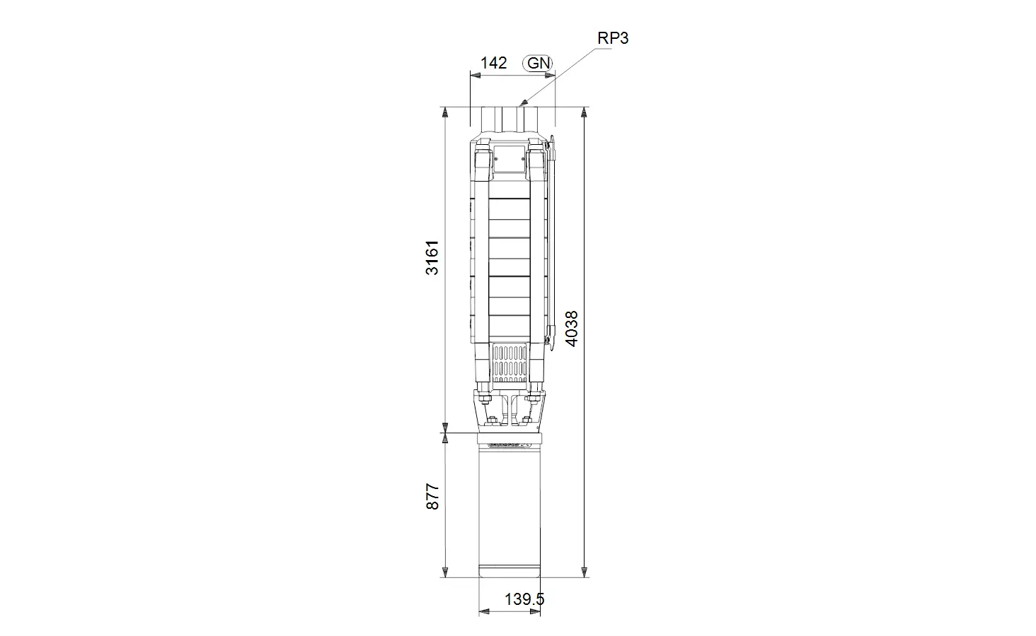 Grundfos Brunnenpumpe mit vertikalem Design, dargestellt in einer technischen Zeichnung. Die Maße und Details sind für die Installation und Funktion ausgelegt.