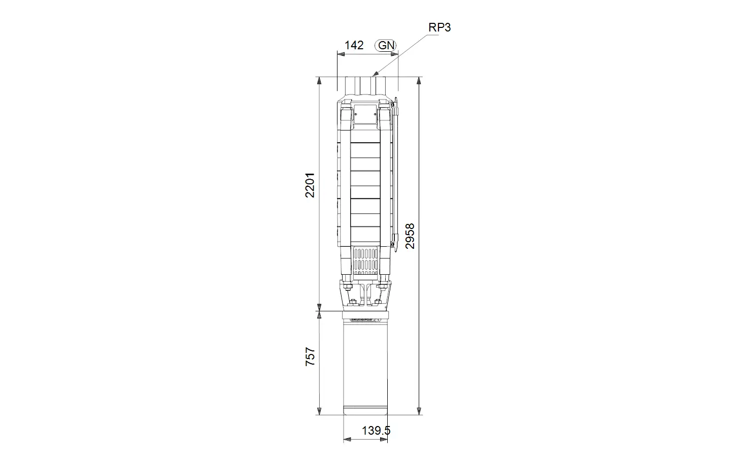 Technische Zeichnung einer vertikalen Brunnenpumpe von Grundfos. Die Darstellung zeigt verschiedene Maße und Details der Pumpe ohne spezifische Produktbezeichnung.