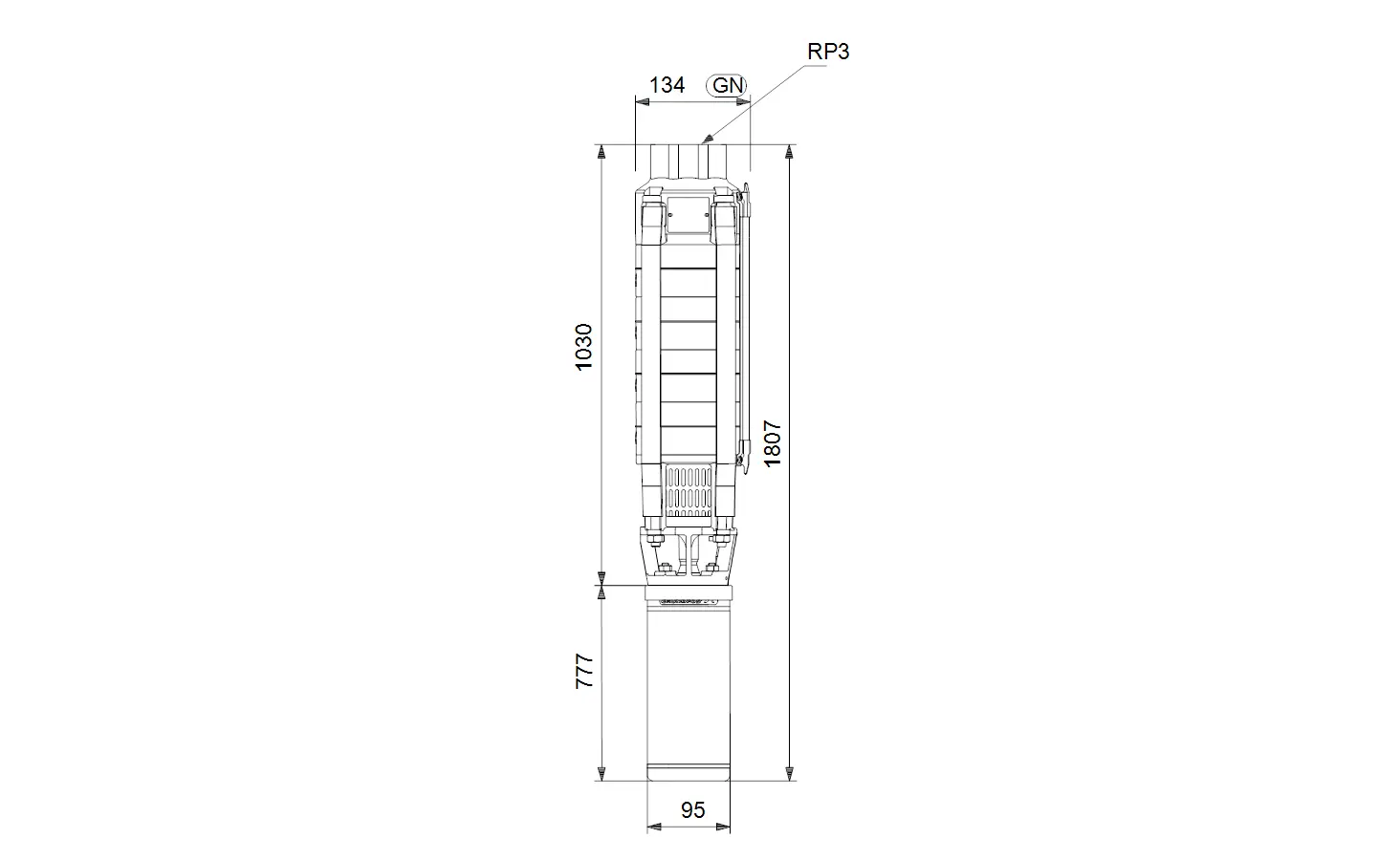 Vertikale Brunnenpumpe von Grundfos mit Abmessungen und technischen Details. Das Diagramm zeigt die Konstruktion und Maße der Pumpe.