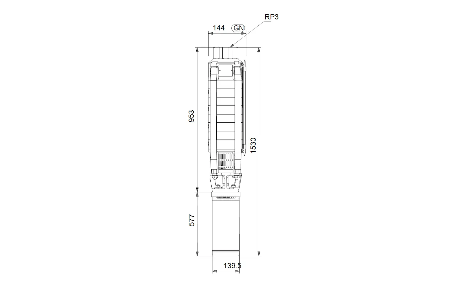 Vertikale Grundfos Brunnenpumpe mit dimensionsalem Design. Gesamthöhe und Durchmesser sind im technischen Zeichnungsformat angegeben.