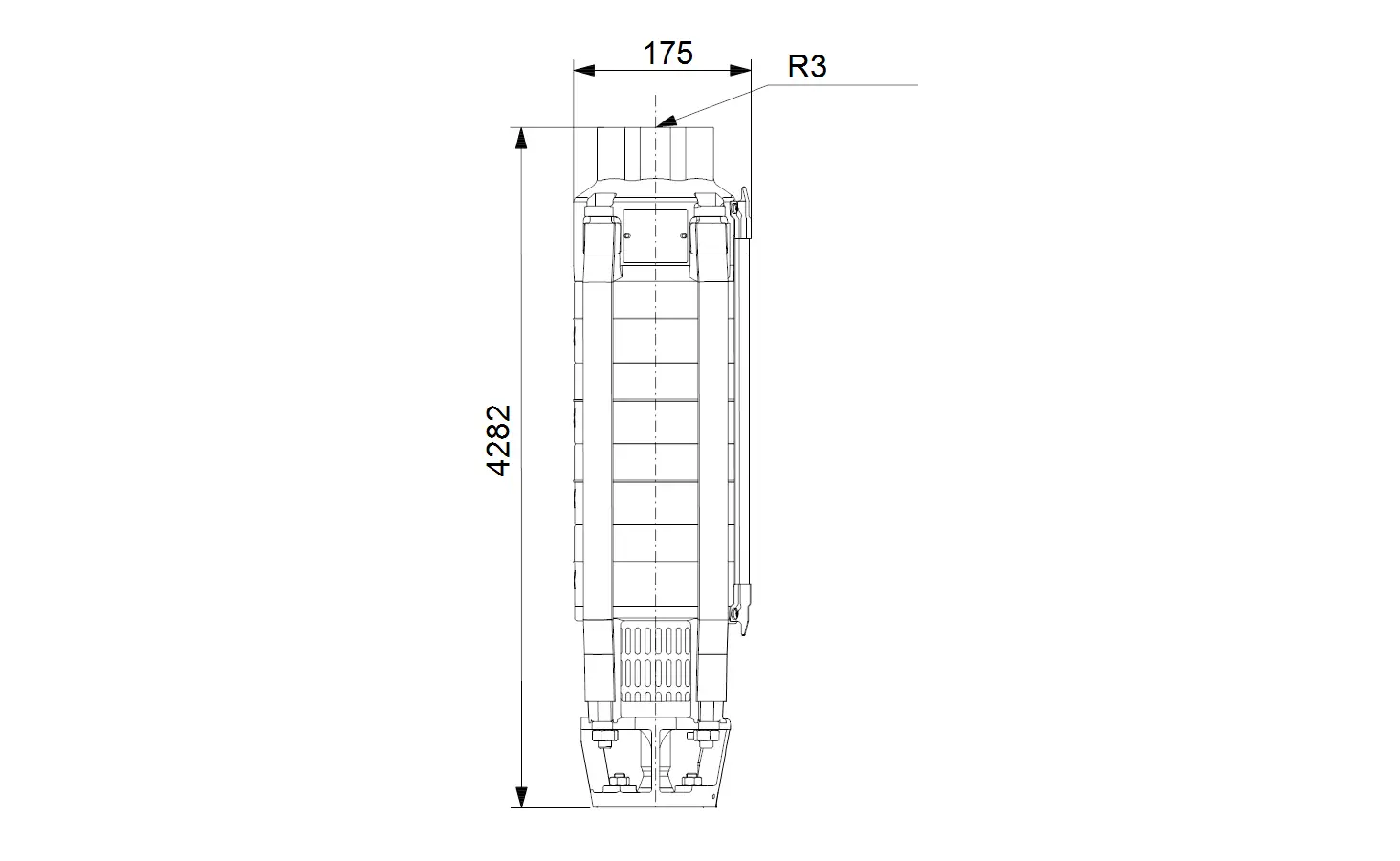 Vertikale Grundfos-Unterwasserpumpe mit länglicher Bauform und klaren technischen Details. Maße und Details sind im technischen Zeichnungsformat dargestellt.