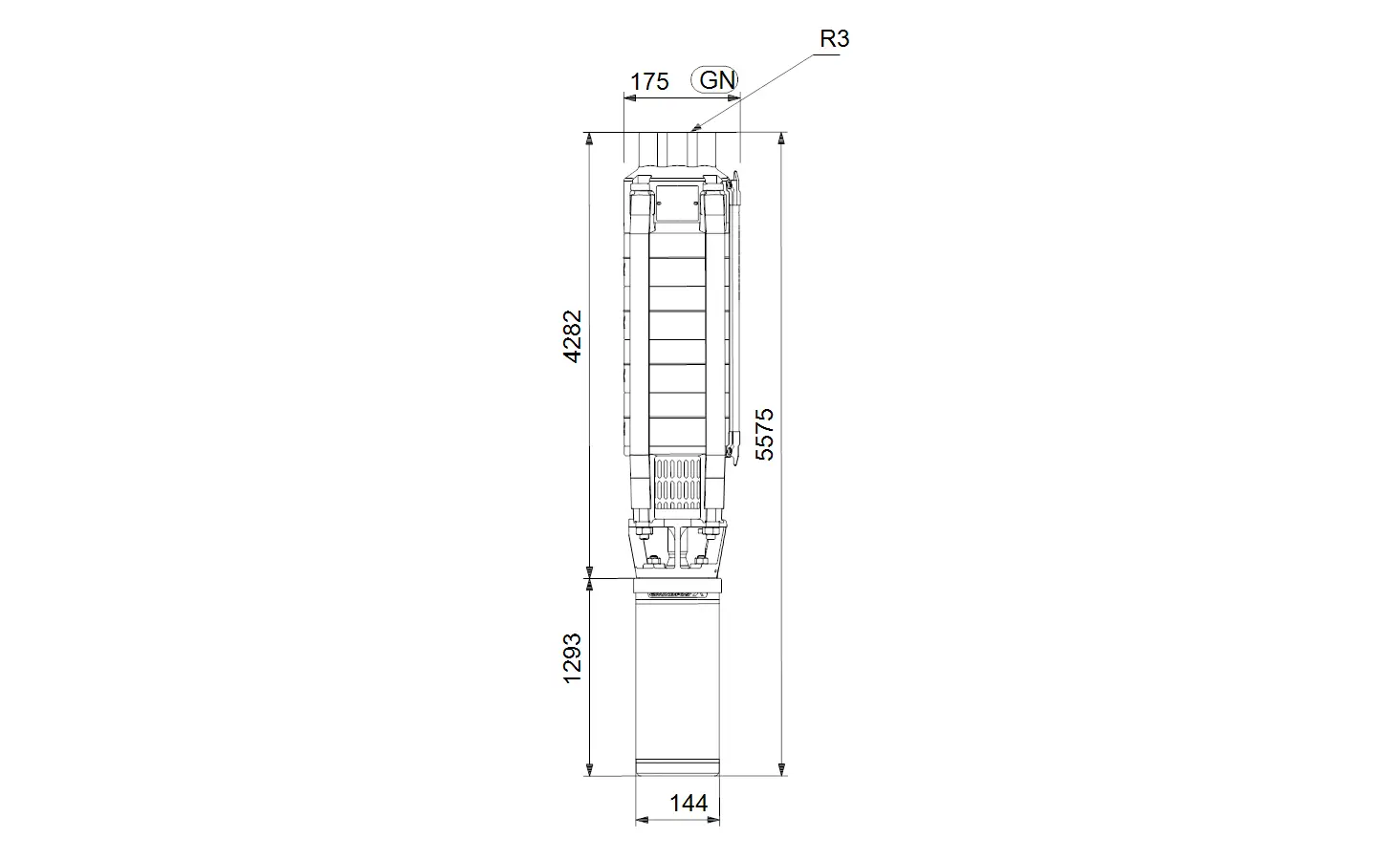 Vertikale Unterwasserpumpe von Grundfos mit klaren Konturen, zeigt Dimensionen und technische Details. Maße und Anschlussform sind schematisch dargestellt.