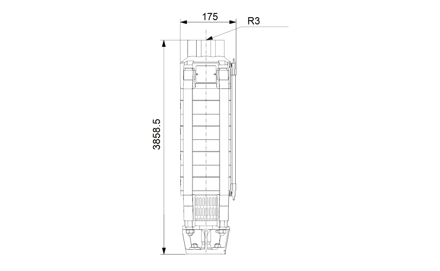 Grundfos Unterwasserpumpe in technischem Design, mit klaren Linien und definierten Maßen, geeignet für verschiedene Anwendungen in der Wasserbewirtschaftung.