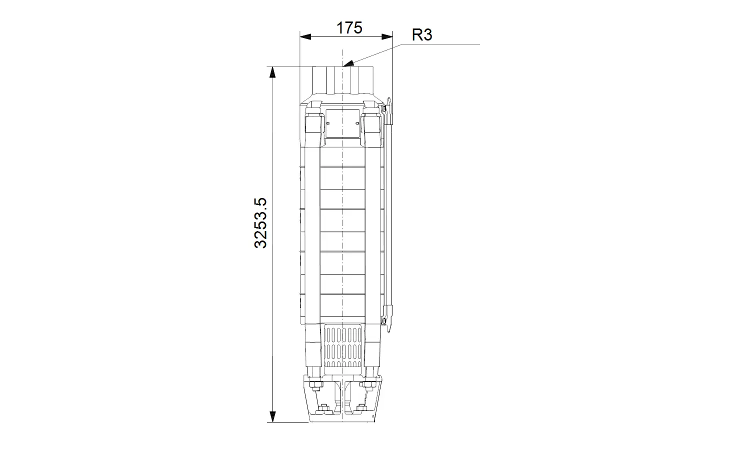 Technische Zeichnung einer Grundfos-Unterwasserpumpe, dargestellt in Seitenansicht mit Abmessungen und Details zu Anschluss und Konstruktion.