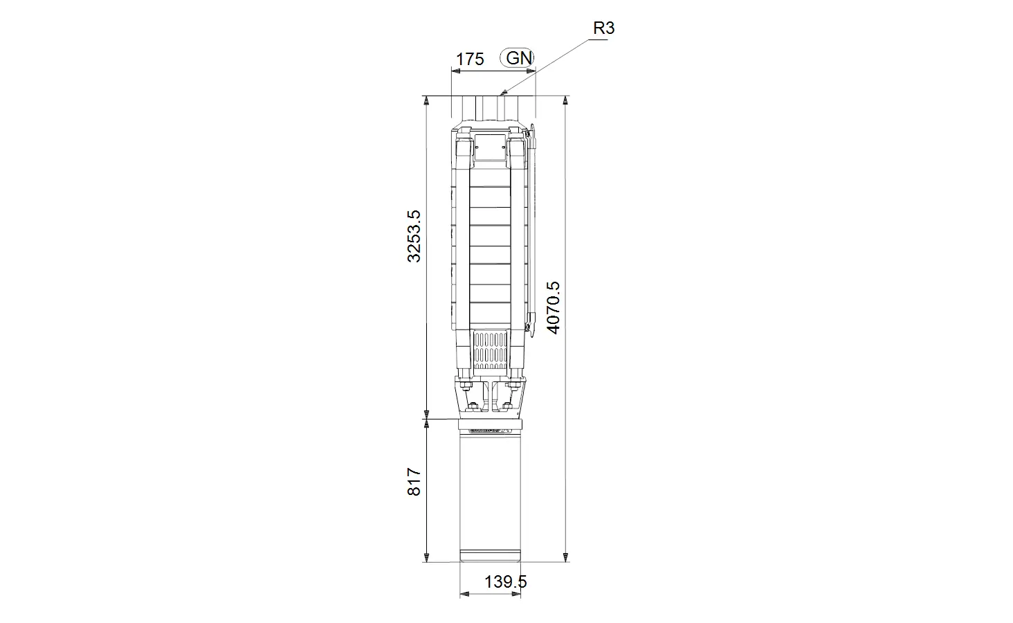 Vertikale Unterwasserpumpe von Grundfos mit einem zylindrischen Gehäuse und sichtbaren Dimensionen. Technische Details sind schematisch angeordnet.