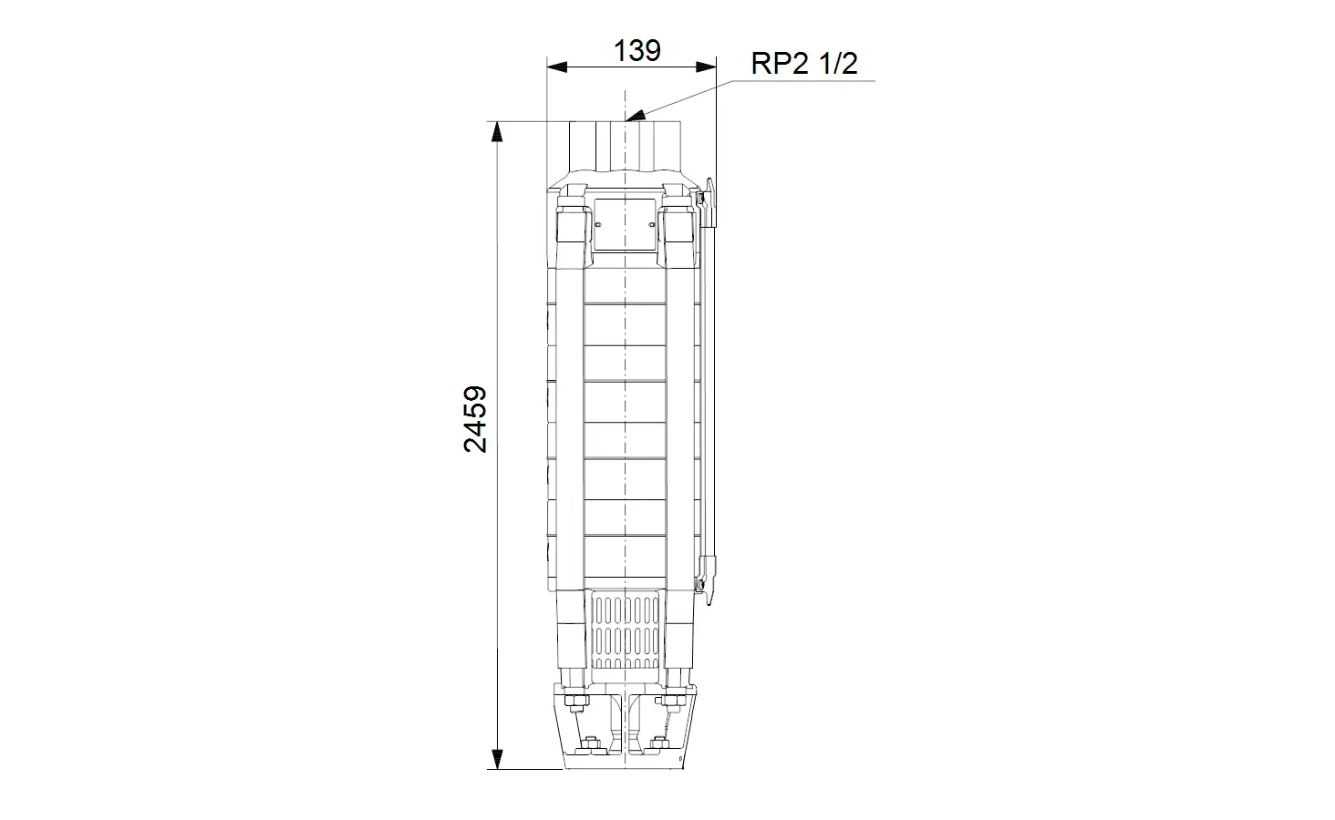 Vertikale Unterwasserpumpe von Grundfos mit einem schlanken Design. Sichtbare Eingangs- und Ausgangsanschlüsse, die eine einfache Installation ermöglichen.