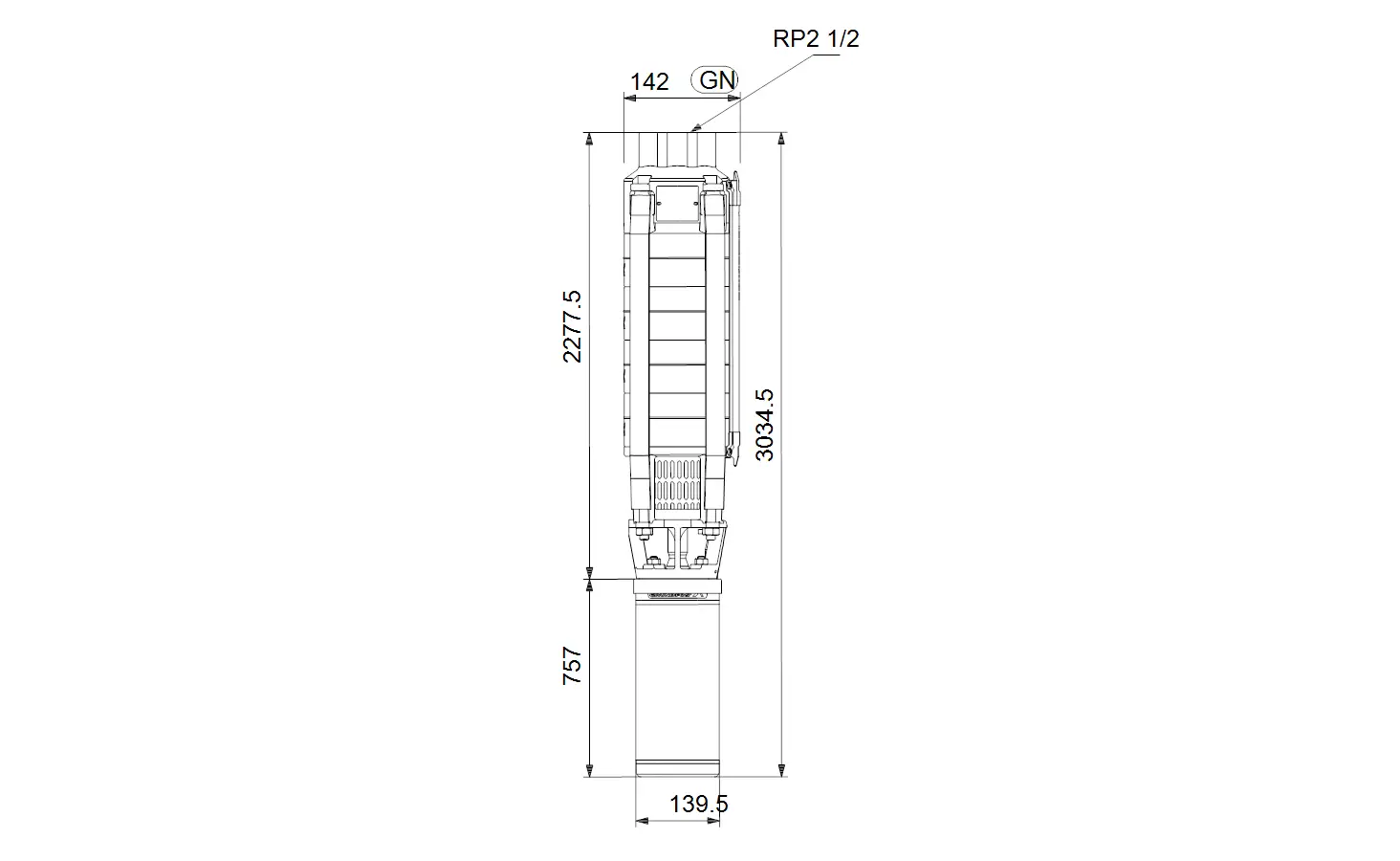 Vertikale Unterwasserpumpe von Grundfos mit mehreren Stufen, abgebildet in technischer Zeichnung. Maße und Anschlussdetails sind deutlich dargestellt.
