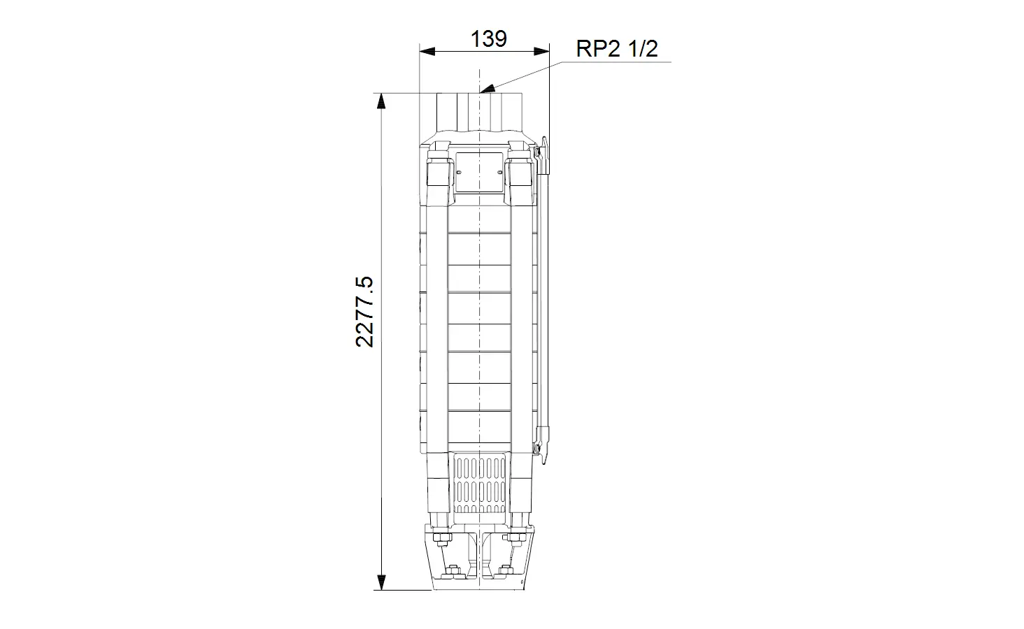 Vertikale Unterwasserpumpe von Grundfos mit einer gleichmäßigen, zylindrischen Form, abgebildet aus der Seitenansicht, und klarer Maßangabe des Durchmessers und der Höhe.