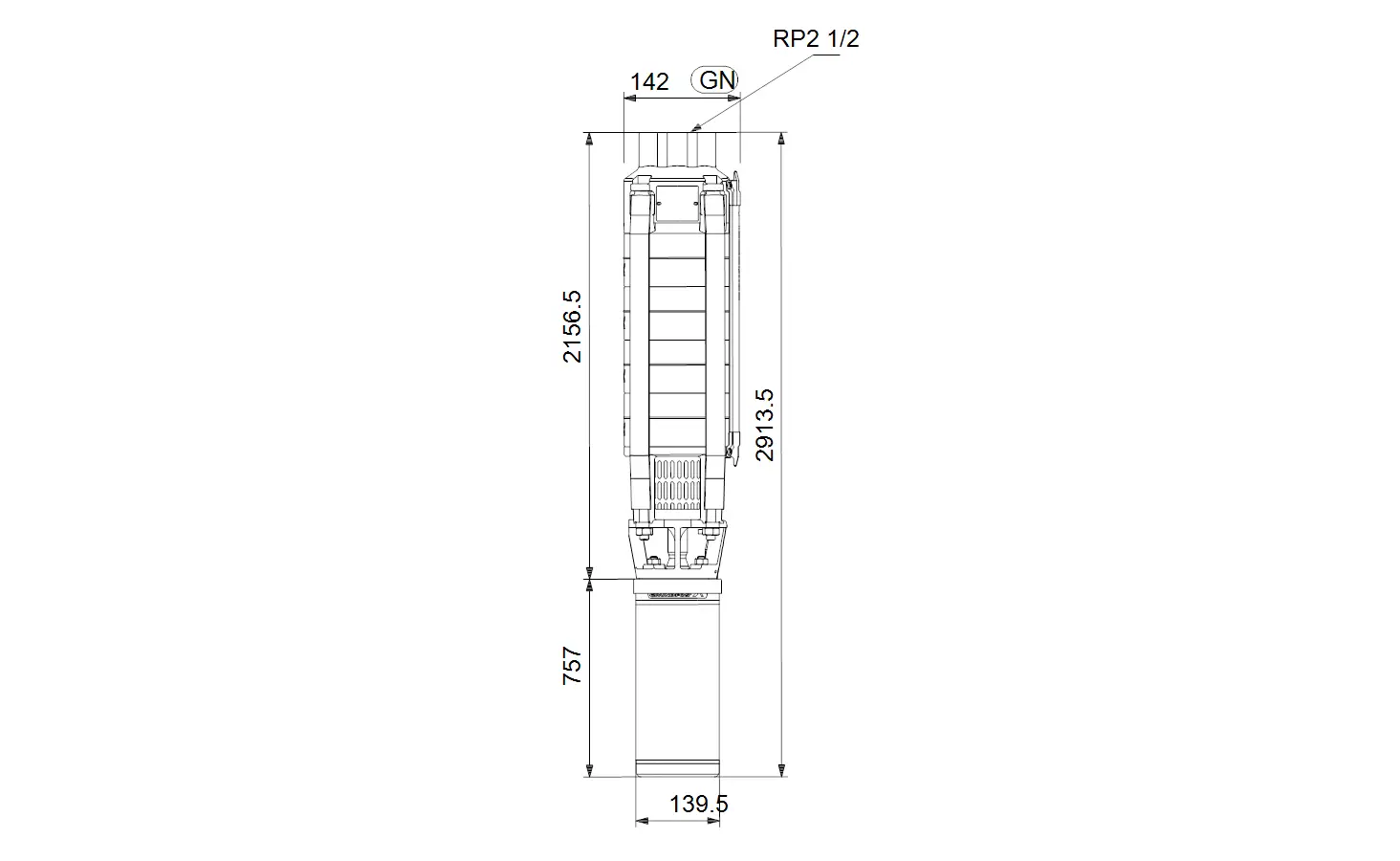 Vertikale Unterwasserpumpe von Grundfos mit sichtbaren technischen Details, Diagramm und Maßangaben. Anordnung und Struktur klar erkennbar.