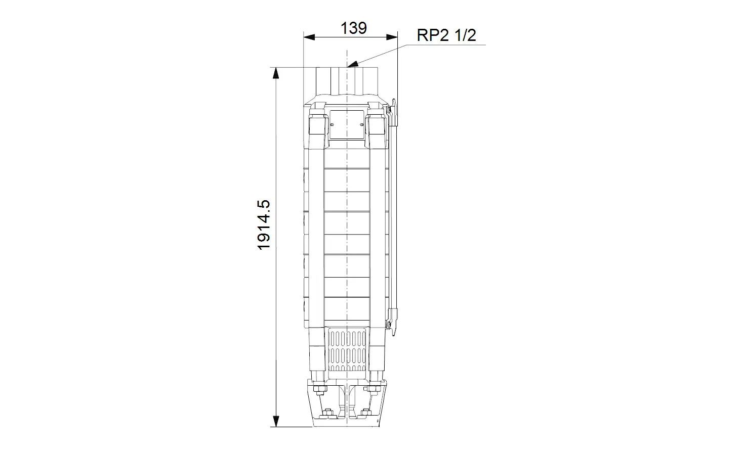 Vertikale Unterwasserpumpe von Grundfos mit klaren Dimensionen. Technische Details und Anschlussmaße sind grafisch dargestellt.
